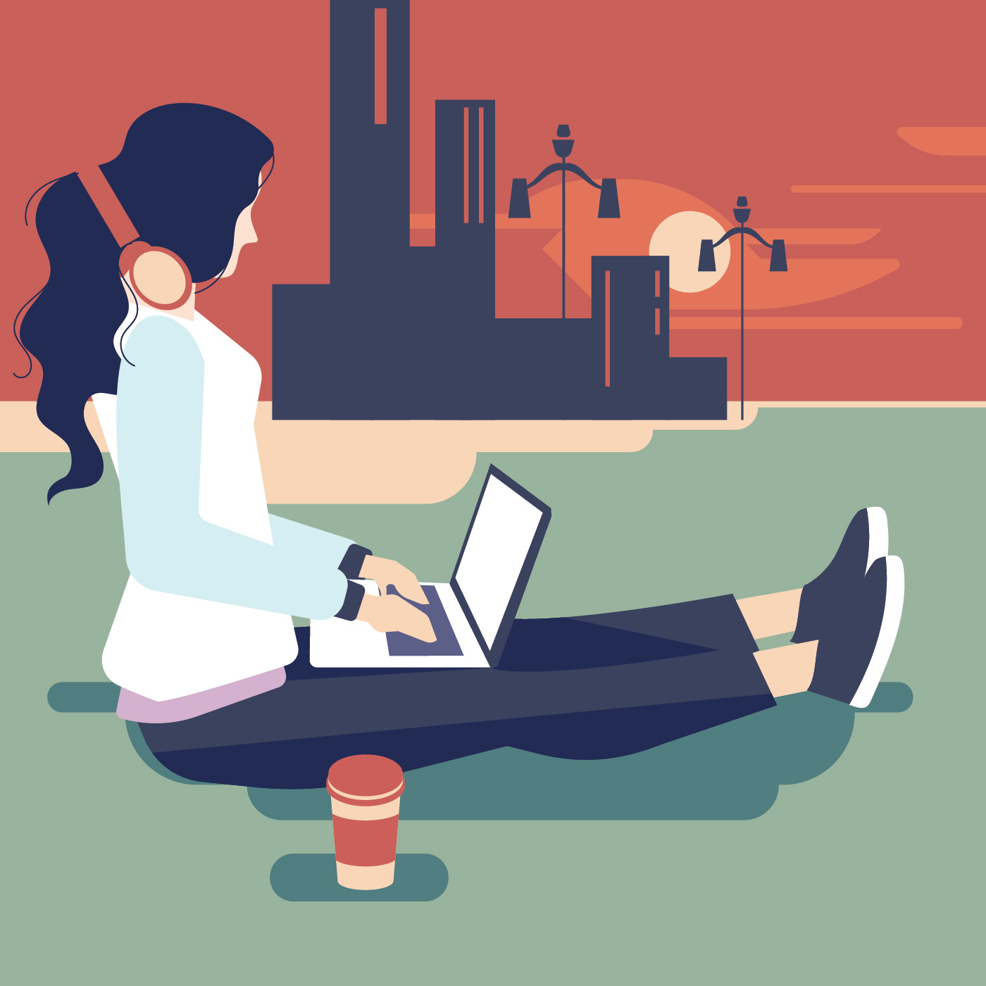 Vector of woman working on computer and drinking coffee